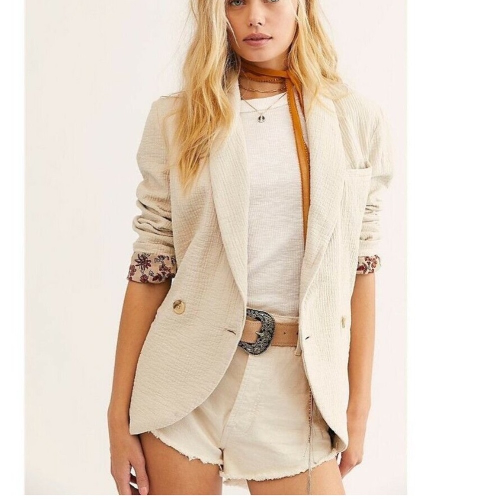 Free People Cream Textured Blazer with Floral Cuff - Picture 7 of 8